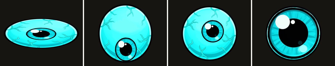 Four moments: the eye squashed on landing, the pupil at the bottom of the eye, a dart in win, and the pupil at its biggest