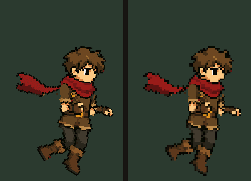 The same run pose scaled up as is, with tilted oversized pixels, and drawn at 1:1 then scaled up, on a clean grid