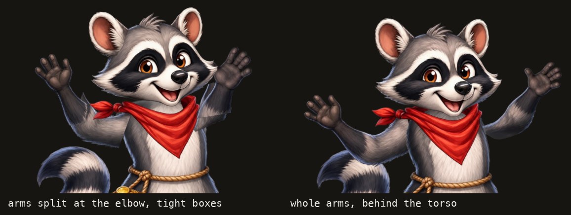 The same moment of the win animation twice: on the left the arms show straight cut edges at the shoulders, on the right whole arms come cleanly from behind the torso