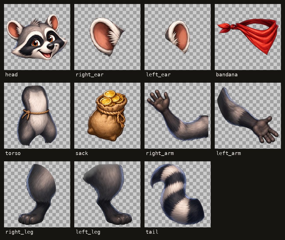 The 11 parts on a transparency checkerboard: head, two ears, bandana, torso, sack, two whole arms, legs and tail