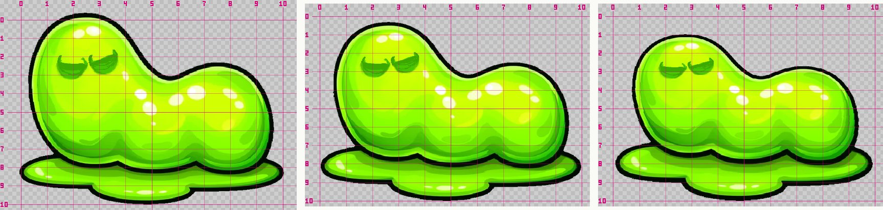 Three moments of the old whole-image turn: the entire body and the puddle tilt together